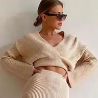 겨울 여성 v 넥 짧은 탑 섹시한 슬림 늑골이있는 두꺼운 긴 니트 투피스 드레스 스웨터 숙녀