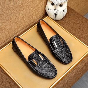 Mocasines de cuero negro repujado para hombre con hebilla metálica, zapatos casuales y formales sin cordones, hermessing - Product Image 4