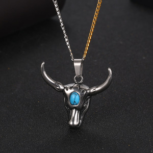 <b>Titanium</b> Steel Yak Head Pendant With Turquoise Inlay Bull Horn Charm For Men SP903 - Product Image 1