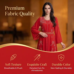 Vestido de Fiesta Musulmán Estilo Festivo Rojo Floral con Cinturón de Chifón y Manga Larga para Eid, Banquete, Exhibición Premium - Product Image 2
