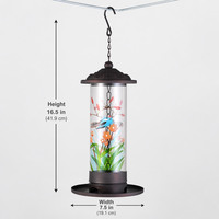 Mangeoire à oiseaux antique en tube transparent peint, motif floral coloré, avec dôme métallique, plateau de base et chaîne de suspension, résistante à la rouille et à l'eau