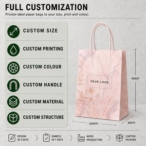 Luxury Pink Marble <b>Paper</b> Bag With Gold Foil Floral Design Twisted Handles Recyclable Standard Flat Bag <b>For</b> Cafes And <b>Bakeries</b> - Product Image 2