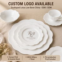 Assiette de table en porcelaine New Bone China blanche, motif lotus festonné, logo personnalisé OEM, 7 tailles, MOQ 300 pièces, impression sérigraphique pour marque hôtelière