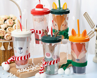 Gobelet en plastique à double paroi pour Noël avec couvercle et paille, motif Père Noël, renne, renard, et écharpe tricotée, vente en gros