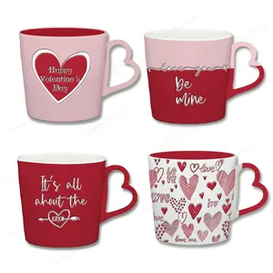 Wholesale New Valentine's Day Gift Mug Red Color Ceramic Cup With Heart Shaped Handle Couple Ceramic Mug