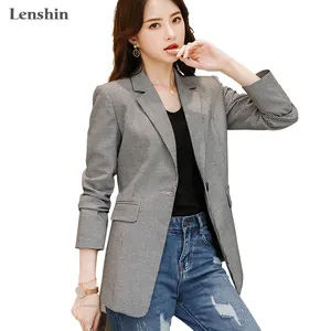 Lenshin格子夹克，两个口袋长袖一键式女士优雅西装外套时尚工作服办公室女士外套