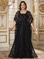Robe de soirée formelle à deux pièces, taille plus, noire, sans bretelles, avec broderie de paillettes, double portée avec châle, motif floral coupé aléatoirement