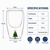 Taza de Vidrio Personalizada de Doble Pared Aislada de 250 ml, con Diseño Navideño Festivo, para Café o Té