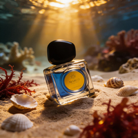 Flacon de parfum carré en verre Maroc MK 50ML avec pulvérisateur à pompe, capuchon noir effet galet, liquide bleu, origine Jiangsu
