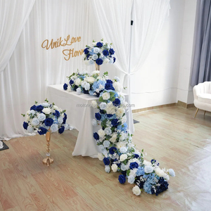 Centre de table VIP en soie bleu poussière, Hortensia et Dahlia, 200x40cm, pour décoration de mariage, chemin de table en fleurs de soie - Product Image 5