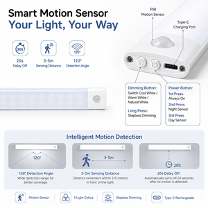 30CM Rechargeable Motion Sensor Cabinet <b>Light</b>, 30 LED 3 Color Dimmable Type-C Under Cabinet <b>Light</b> for Kitchen Wardrobe Closet - Product Image 2
