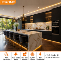 Conception 3D CAD gratuite, design sur mesure, ensemble d'armoires de cuisine modernes en acrylique noir mat avec îlot Calacatta Gold