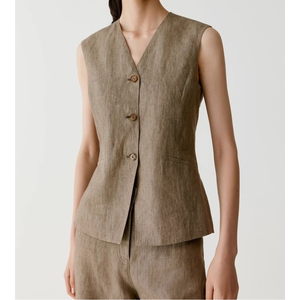 Ensemble <span class=keywords><strong>de</strong></span> <span class=keywords><strong>costume</strong></span> avec <span class=keywords><strong>gilet</strong></span> et blazer à armure toile en lin lavé pour femmes <span class=keywords><strong>de</strong></span> printemps personnalisé - Product Image 3