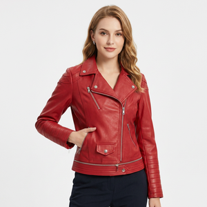 Womens Real Red Leather <b>Biker</b> Jacket Asymmetric Zip Ribbed Panels Sheepskin Coat Lapel Zipper Pockets Custom Fit Outwear New - Product Image 1