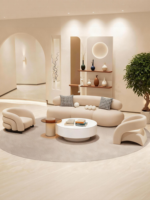 Canapé Courbé Crème - Velours Suédé & Laine d'Agneau Personnalisable pour Salons de Beauté, Boutiques de Vêtements, Salons et Halls