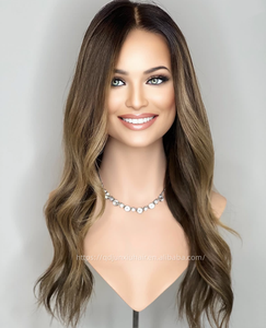 Perruque fine en cheveux naturels russes slaves avec dessus en dentelle, mèches brunes, filet invisible, nœuds simples, pour femmes - Product Image 1