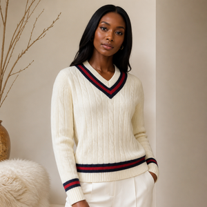Custom Logo <strong>Women's</strong> Wool Cashmere Blend V Neck Cable Knit Sweater Contrast Stripe Varsity <strong>Cricket</strong> <strong>Jumper</strong> Pullovers - Product Image 5