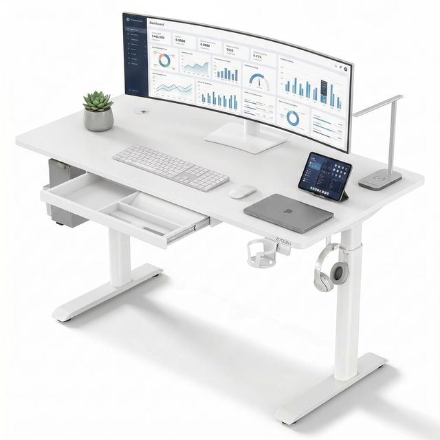 All-in-One Professional Workstation - Single Motor Standing Desk with Storage Drawer & Complete Accessory Kit