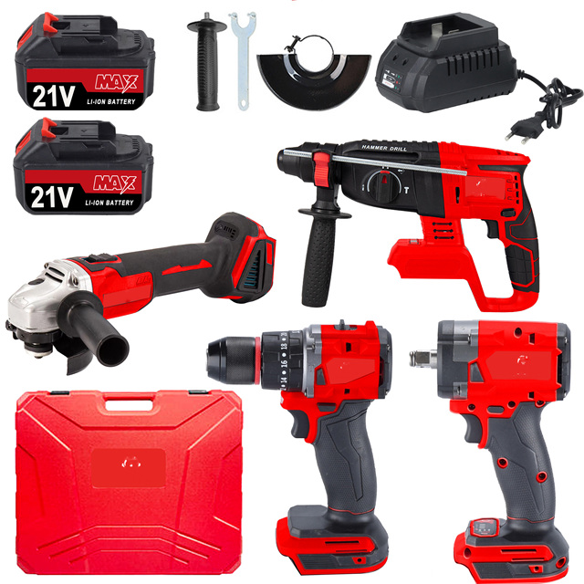 Professional Cordless Power Tool Set Combo Kits Hand Drill Machine and Wrench Angle Grinder in Hard Case for Repairing Big Sale