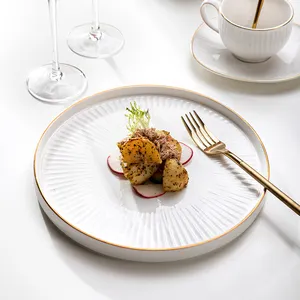 Заводская тарелка с логотипом на заказ, посуда, круглая посуда, роскошная белая керамическая тарелка, набор с золотым ободком, фарфоровая обеденная тарелка для свадьбы