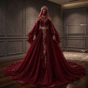 Robe de mariée en mousseline bordeaux, style princesse, col montant en dentelle, manches longues, ornée de perles, traîne cathédrale, style vintage, longueur ras du sol, coupe Empire - Product Image 2