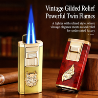 Briquet à cigare vintage à flamme double bleue avec allumage à une pression, coffret cadeau