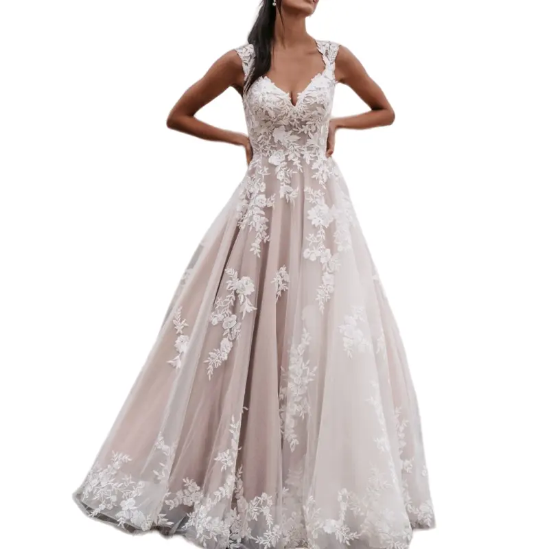Mode Brautkleider V-Ausschnitt mit Trägern Durchsichtige Knöpfe Spitze Brautkleid Elfenbein Brautkleid