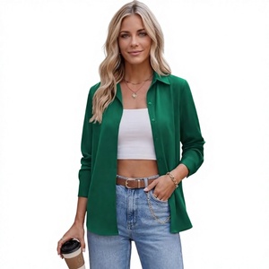 Blusa Elegante de Satén Verde, Sencilla, Transpirable, con Botones y Cuello Camisero, Manga Larga para Mujer, Ropa Casual de Oficina - Product Image 3