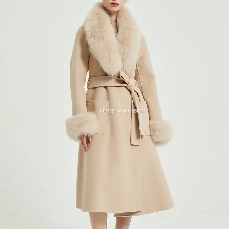 CX-G-T-29C Wool Women Coat Overcoat Long Genuine Fox Fur Collar and Cuffs Winter Clothes with Belt