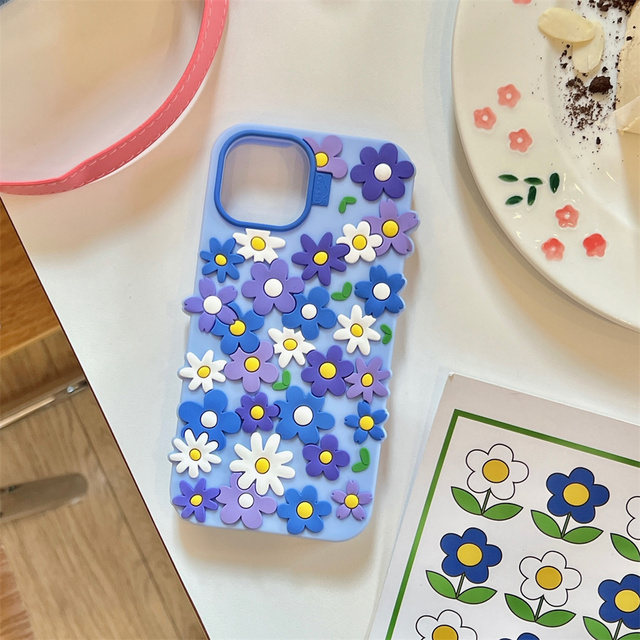 New Cute Blue Flowers Floral Aesthetic Silicone Phone Case for iPhone 17 Pro Max 16 Pro 15 14 Plus 13 Mobile Covers for Girls