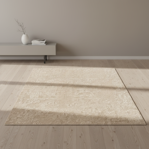 Tappeto in Lana a Pelo Lungo Color Grano, Tinto in Filo con Variazioni Tonalità, Ispirato ad un Paesaggio Astratto di Montagna e Fiume, per Soggiorno - Product Image 1