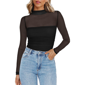 Top de Mujer para Verano, Ajustado, Transpirable, Cuello Medio Alto, con Malla, Costuras Decorativas, Manga Larga, Color Sólido, Sexy, Transparente, Estilo Regular - Product Image 2