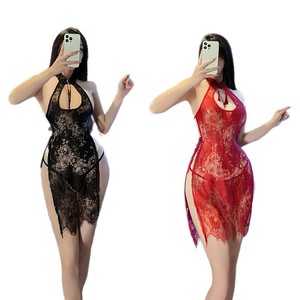 New sexy teardrop hollowed-out lace pendant lingerie with high waist and slit, ancient style cheongsam uniform qqny - Product Image 5