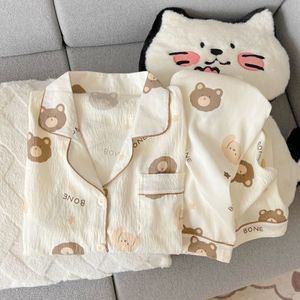 Conjunto de Pijama Feminino de Verão Leve com Manga Curta e Calça Comprida de Poliéster com Gola Lapela e Estampa de Desenho Animado de Natal - Roupa de Lazer - Product Image 4