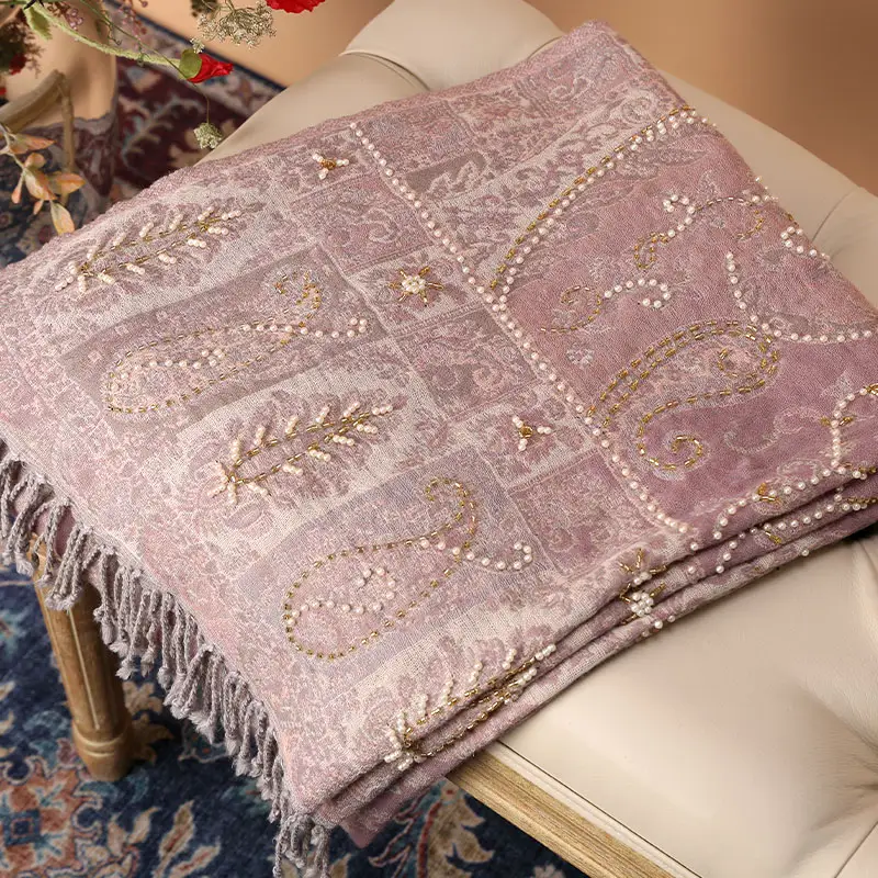 Foulard en laine épaisse et chaude pour femme, style bohémien, châle Rose brodé de perles indiennes, idéal pour l'automne ou l'hiver, collection 100%