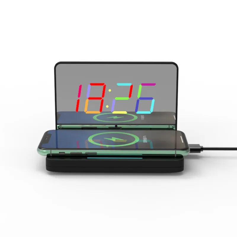 Mirror Desk Clock Multicolor Digital Alarm Clock Led Mirror Clock Large Display With Mobile Phone Wireless Charging
