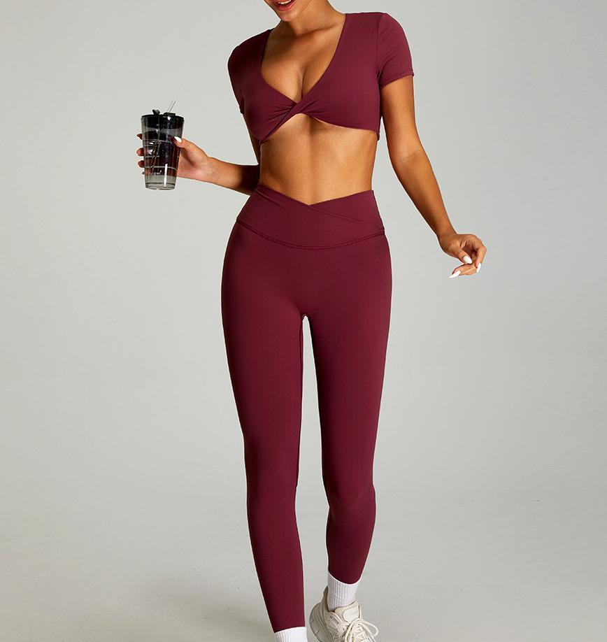 Cross High Waist 2-Piece V-neck Sports Set for Women Tight Four-Way Stretch Speed Drying Outdoor Running Fitness Yoga Clothes