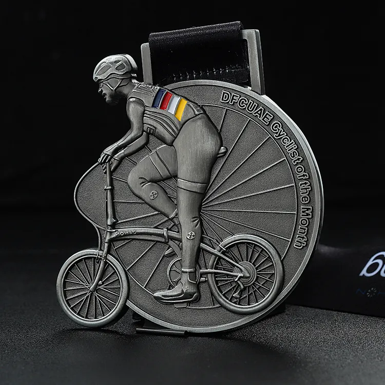 골동품 실버 3D 남자 사이클링 메달 사용자 정의 리본 금속 메달 에나멜 자전거 메달