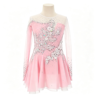 Robe de danse patinage rose à col rond, maille nude, manches longues, strass floraux pour enfants et adultes, compétition et performance