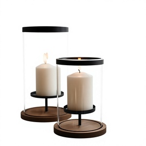 Cylindrical Glass Hurricane <b>Candle</b> <b>Holder</b> with Wood Base <b>Black</b> <b>Metal</b> Stand for Home Decoration - Product Image 1