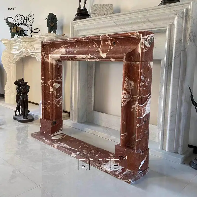 BLVE decorativo interno intagliato a mano moda rosso pietra naturale mentale camino in marmo Surround