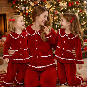 Pigiami Natalizi Coordinati in Velluto per Famiglia, Set Due Pezzi <span class=keywords><strong>con</strong></span> <span class=keywords><strong>Bottoni</strong></span> per Bambini e Donne, Abbigliamento Invernale - Product Image 1