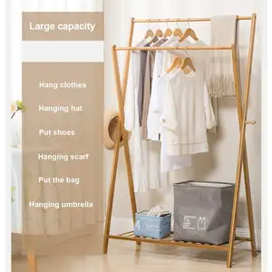Foldable Bamboo Color Double Layer Vertical Clothes Free Standing Bamboo Coat Rack with 2 side hooks