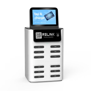 إصدار مكدس من 12 فتحة محطة شحن هاتف محمول مع شاشة إعلانات 8 بوصة بنك طاقة محطة مشتركة للمتاجر والبارات