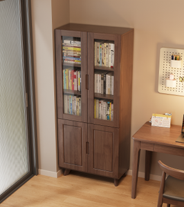 Bibliothèque moderne en bois avec portes vitrées et étagères ouvertes pour le bureau à domicile et le salon - Product Image 2