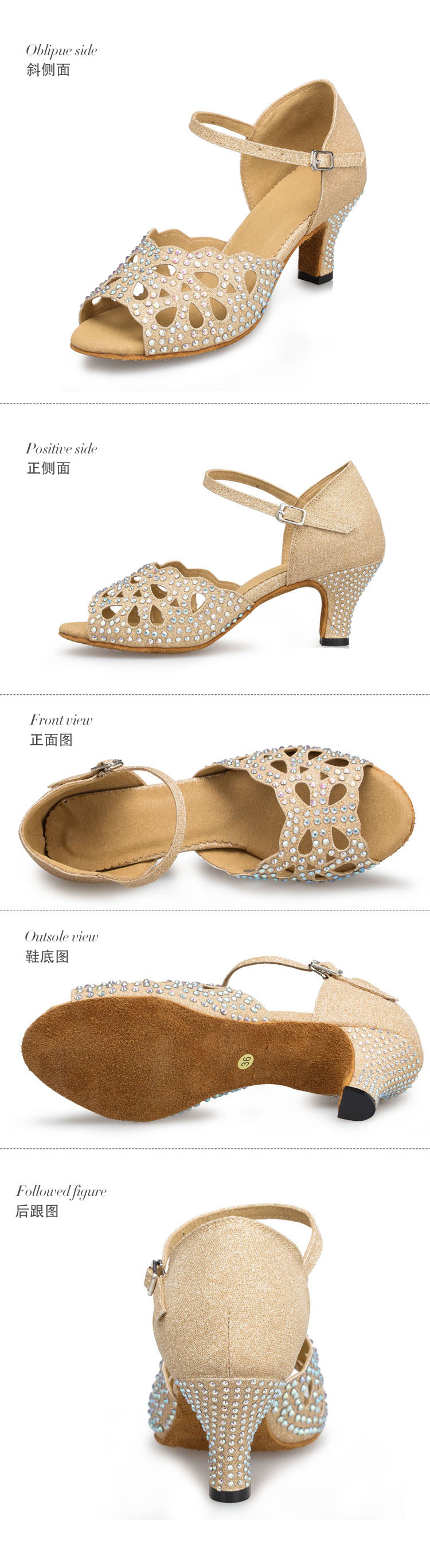 New Women Latin Dance Shoes Blue Rhinestone Tango Jazz Salsa Dancing Sandal with Heels