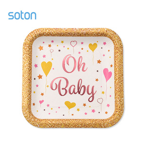Platos Cuadrados de Papel con Diseño '<span class=keywords><strong>Oh</strong></span> Baby', Borde Dorado Brillante, para Baby Shower, Revelación de Género, Bandejas Desechables para Postres, Venta al Por Mayor - Product Image 1