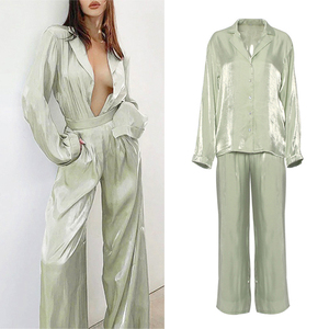 verde entallado cuello Blusa de manga larga de pierna ancha damas Mujer Pantalones de 2 piezas traje de dos piezas conjuntos - Product Image 1