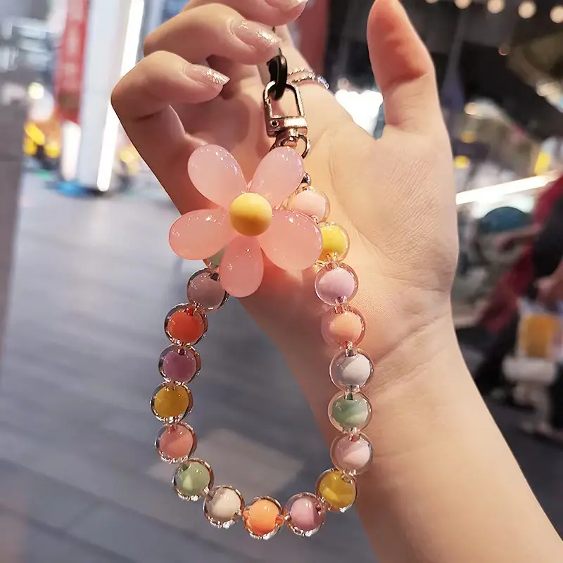 INS Handmade Colorful Crystal Bead Mobile Phone Chain For Women Wrist Strap Keychain Cute Flower Mobile Phone Strap Lanyard
