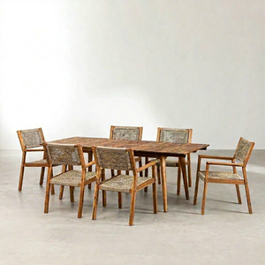 Moderna y Cómoda Mesa de Comedor Rectangular Extensible con Respaldo para Uso Comercial en Banquetes, Juego de 6 Sillas de Madera de Teca Sólida Ardena - Product Image 1